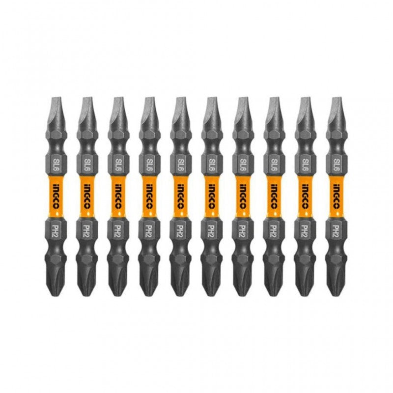 Ingco 65mm Hex Impact Screwdriver Bit Set | S2 Industrial Steel Magnetic Hex Head Driver Bits - 10-Piece Pack (SDBIM21HL133)