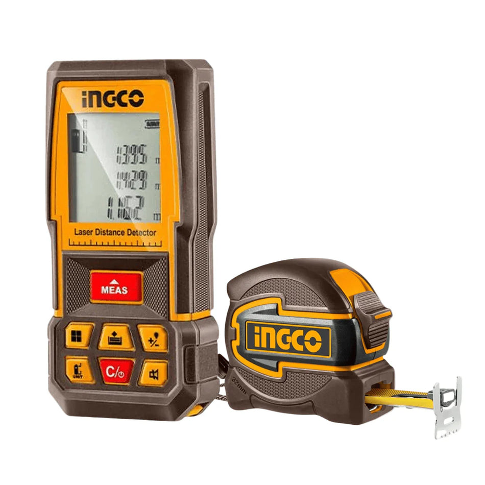 Ingco 2-in-1 Laser Distance Detector and Measuring Tape Combo Kit | Professional Digital Rangefinder with 5m Heavy-Duty Steel Tape Measure (HLDD241201)