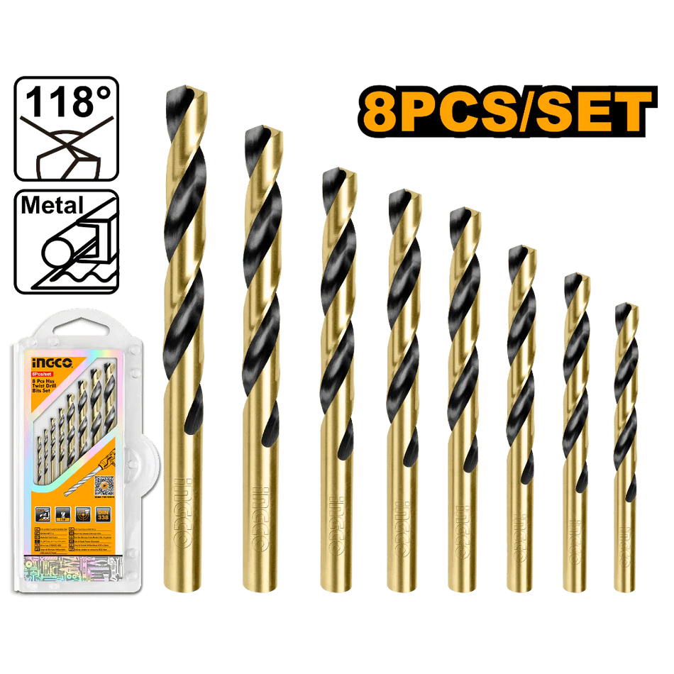 Ingco 8-Piece HSS-Cobalt M35 Drill Bit Set (AKDB0801) Premium Industrial Grade High-Speed Steel Metal Drill Bit Kit for Drilling Stainless Steel, Cast Iron & Hard Alloys