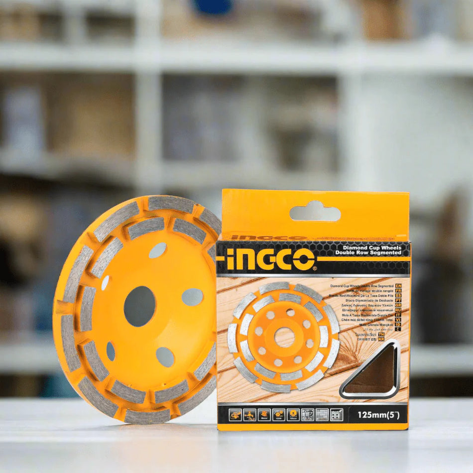 Ingco 150mm Segmented Diamond Cup Wheel | Double Row 22-Blade Concrete Grinding Disc with 22.22mm Arbor (CGW021501)