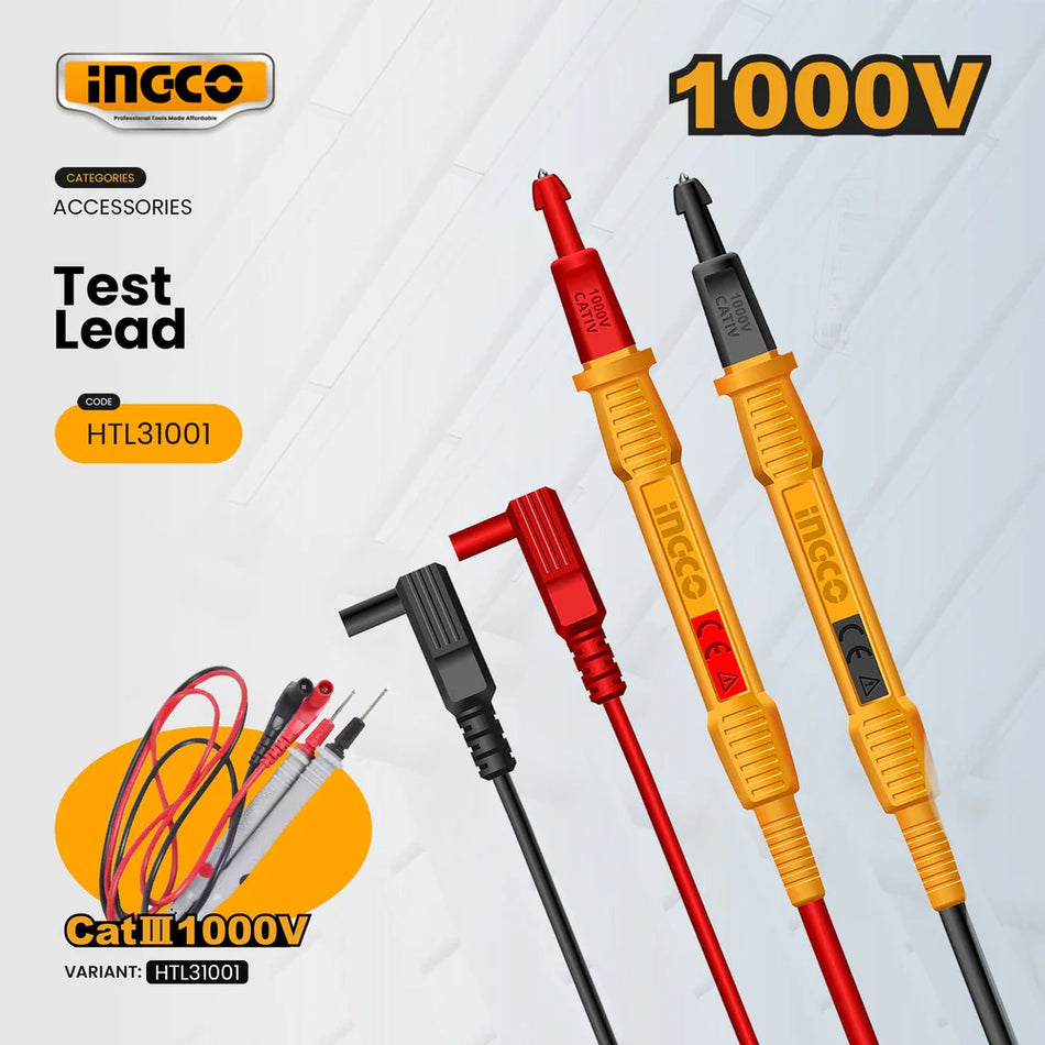 Ingco Professional Multimeter Test Lead Set – 100cm Universal Flexible Wire Probe Kit with CAT III 1000V High-Voltage Safety Rating for Digital Multimeters and Clamp Meters (HTL31001)