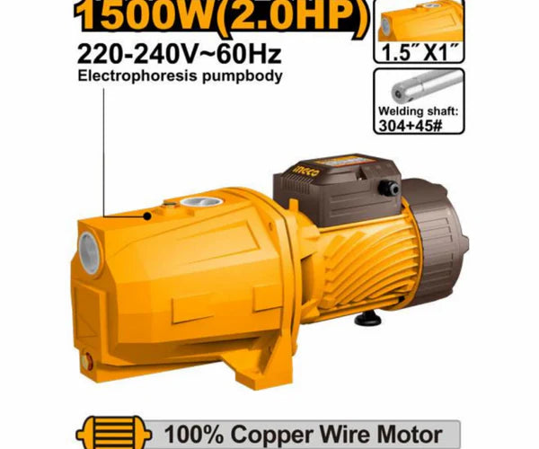 INGCO 1500W 2.0 HP Self-Priming Jet Water Pump (JP150068) – 1.5" x 1" Pipe Inlet/Outlet with 125L/min Max Flow & 60m Max Head, Features Electrophoresis Anti-Corrosion Pump Body