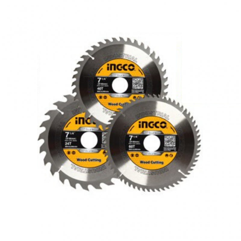 Ingco 3-Piece Professional TCT Circular Saw Blade Set - 185mm (7-1/4 Inch) Wood Cutting Blades with 24T, 40T, and 60T Tooth Matrix & Reduction Rings (TSB51852153)