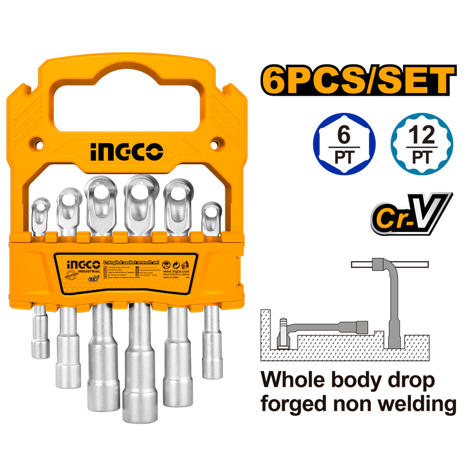INGCO 6-Piece Metric L-Angled Socket Wrench Set (Jeu de Clés à Pipe Débouchées) – Chrome Vanadium (Cr-V) Steel, Single-Piece Drop-Forged Construction, 6-Point Profile, Sizes 7mm–14mm (LASWT0601)