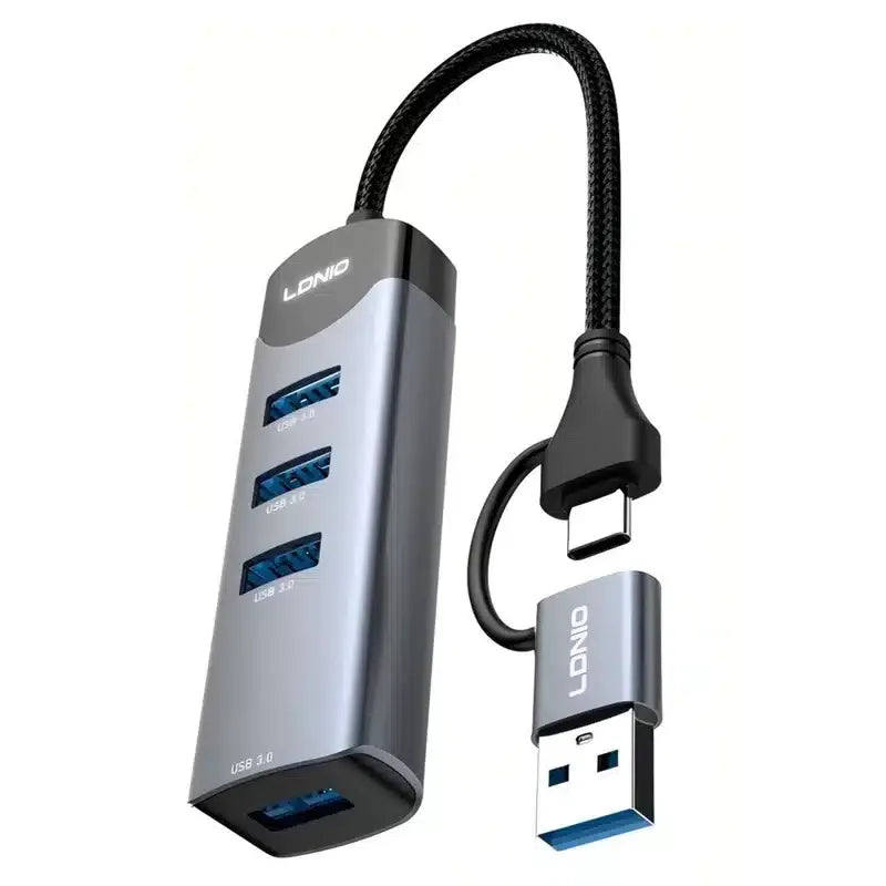 LDNIO DS-134UC | 2-in-1 USB-A & Type-C Hub (14cm) | 4x USB 3.0 5Gbps High-Speed Expansion Adapter