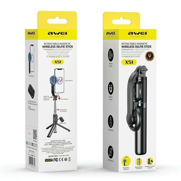 Awei X51 Magnetic Selfie Stick Tripod - Wireless Bluetooth Remote & 360° Rotation (Black)