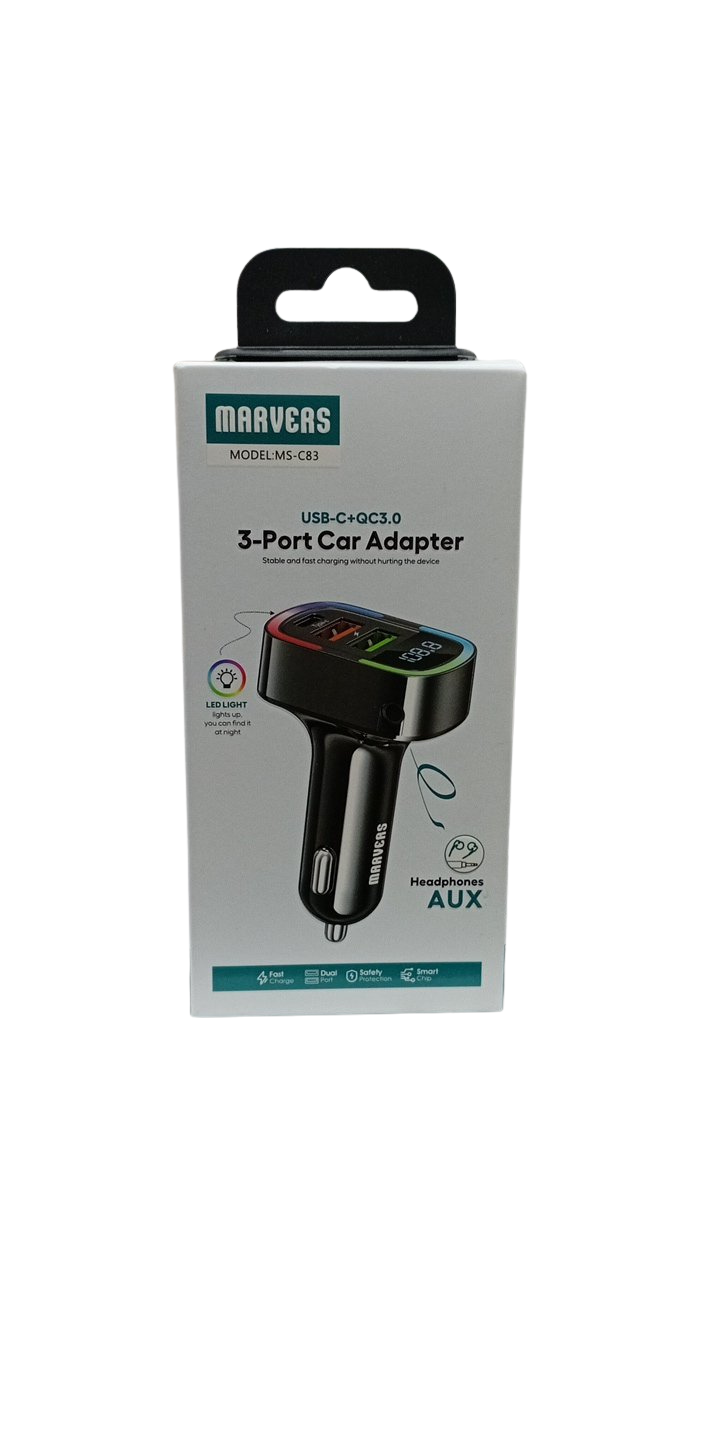 Marvers MS-C83 3-Port Car Adapter, USB-C Power Delivery & Quick Charge 3.0, Fast Charging, Multi-Device Car Charger