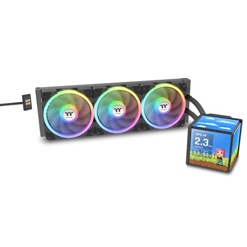 Thermaltake MINECUBE 360 Ultra CPU Liquid Cooler, Intel/AMD Compatible, 3x120mm 500~2000rpm SWAFAN EX ARGB, MAGForce 2.0. 4X 3.95 TFT LCD Screens, Swappable Fan Blades, Black
