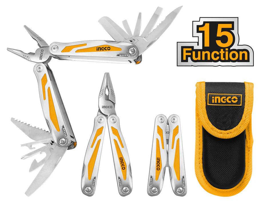 Ingco 15-in-1 Foldable Multi-Function Tool | Stainless Steel Pocket Multitool with Heavy-Duty Nylon Sheath (HFMFT0115)