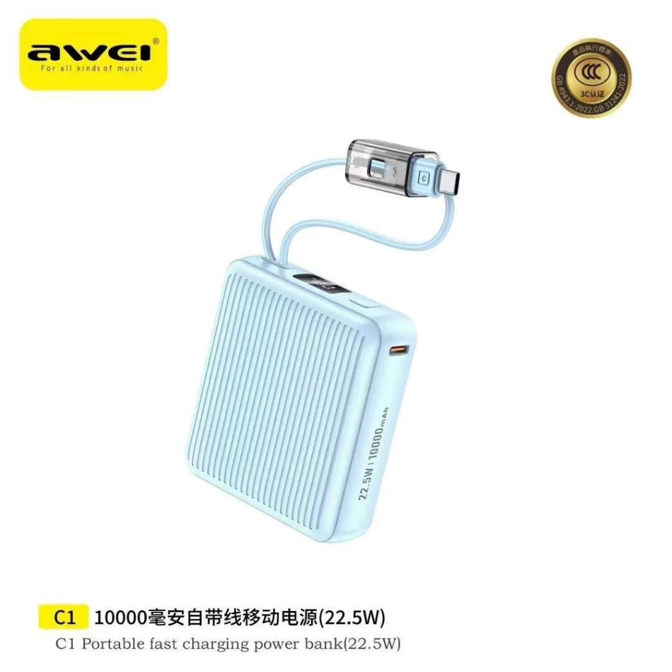 Awei C1 10,000mAh 22.5W Fast Charging Power Bank with Built-in Cables - Blue