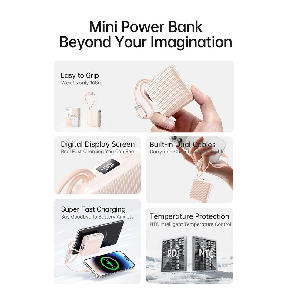 Awei C1 10,000mAh 22.5W Fast Charging Power Bank with Built-in Cables - Blue