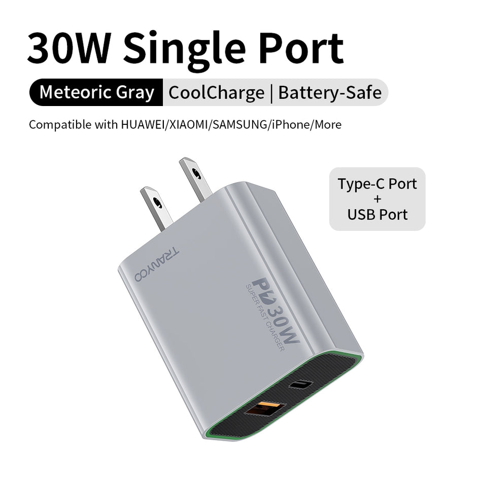 Tranyoo EU13 30W Dual-Port Fast Charger | USB-A + Type-C (PD)