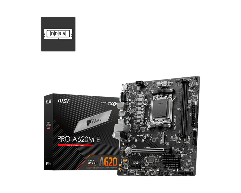 Motherboard MSI PRO A620M-E AM5 mATX, AMD A620 Chipset, 2x DDR5 / 96GB Max Memory, 1x PCI-E x16, 1x M.2, RTL8111H Gigabit LAN, 2x USB 3.2 Type-A, 1x HDMI / 1x VGA