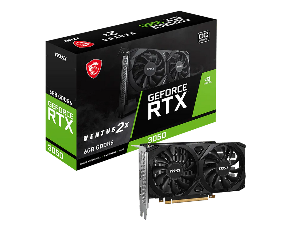 MSI GeForce RTX 3050 Ventus 2X OC Graphics Card, 6GB GDDR6 96-Bit Memory, 1492 MHz Boost Clocks, 2304 CUDA Cores, 14 Gbps Memory Speed, PCI Express Gen 4 x16, HDMI / DP | 912-V812-055