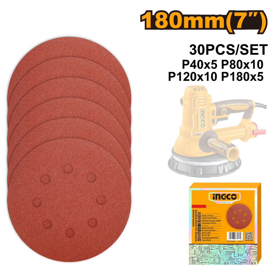Ingco 30-Piece Random Orbital Sanding Discs Set - 180mm 7 Inch Hook and Loop Round Sandpaper Mix Pack for Drywall and Wood Sanders (AKRS180030)