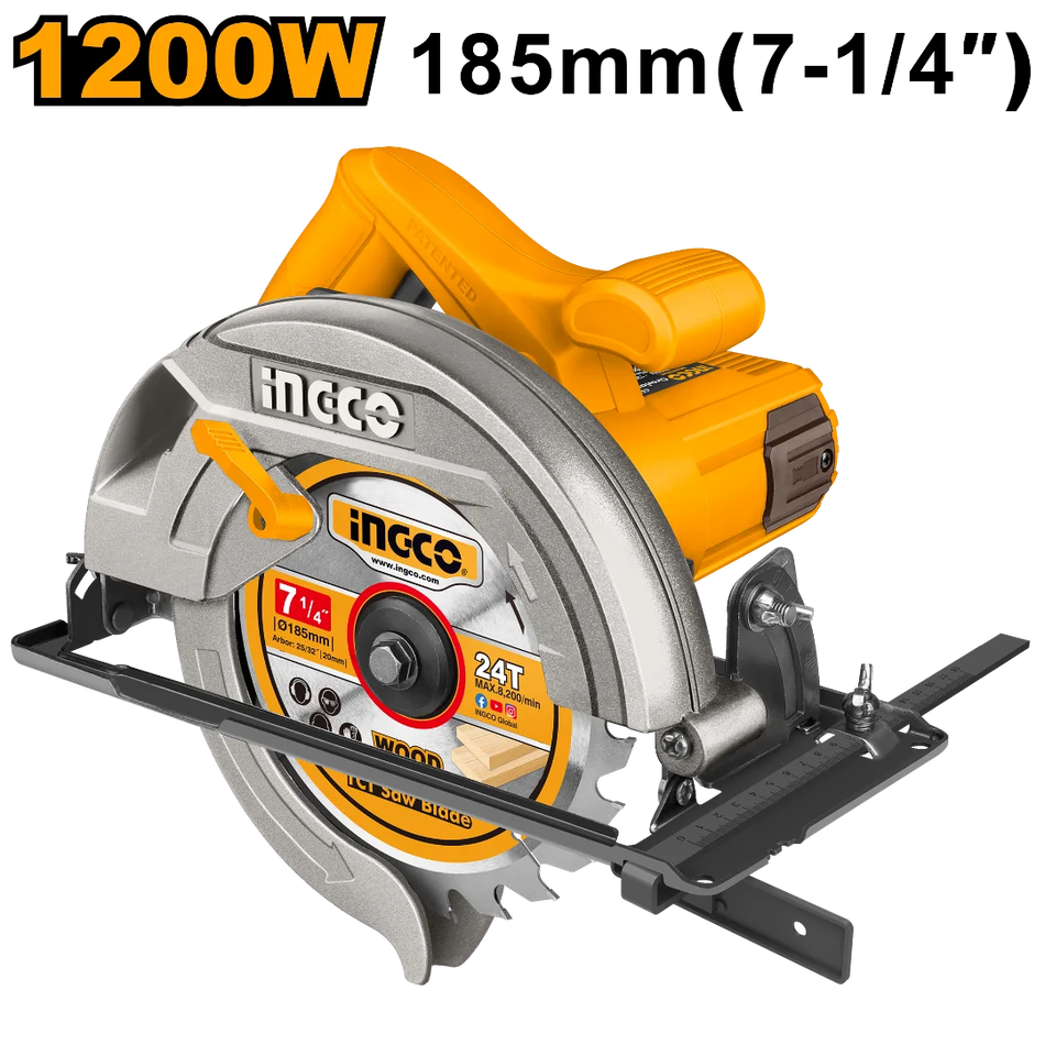 INGCO 1200W Circular Saw (CS18578) – 185mm Blade Diameter, 5000 RPM No-Load Speed, Adjustable Cutting Depth & Bevel Angle, Compact and Ergonomic Design for Efficient Woodworking.