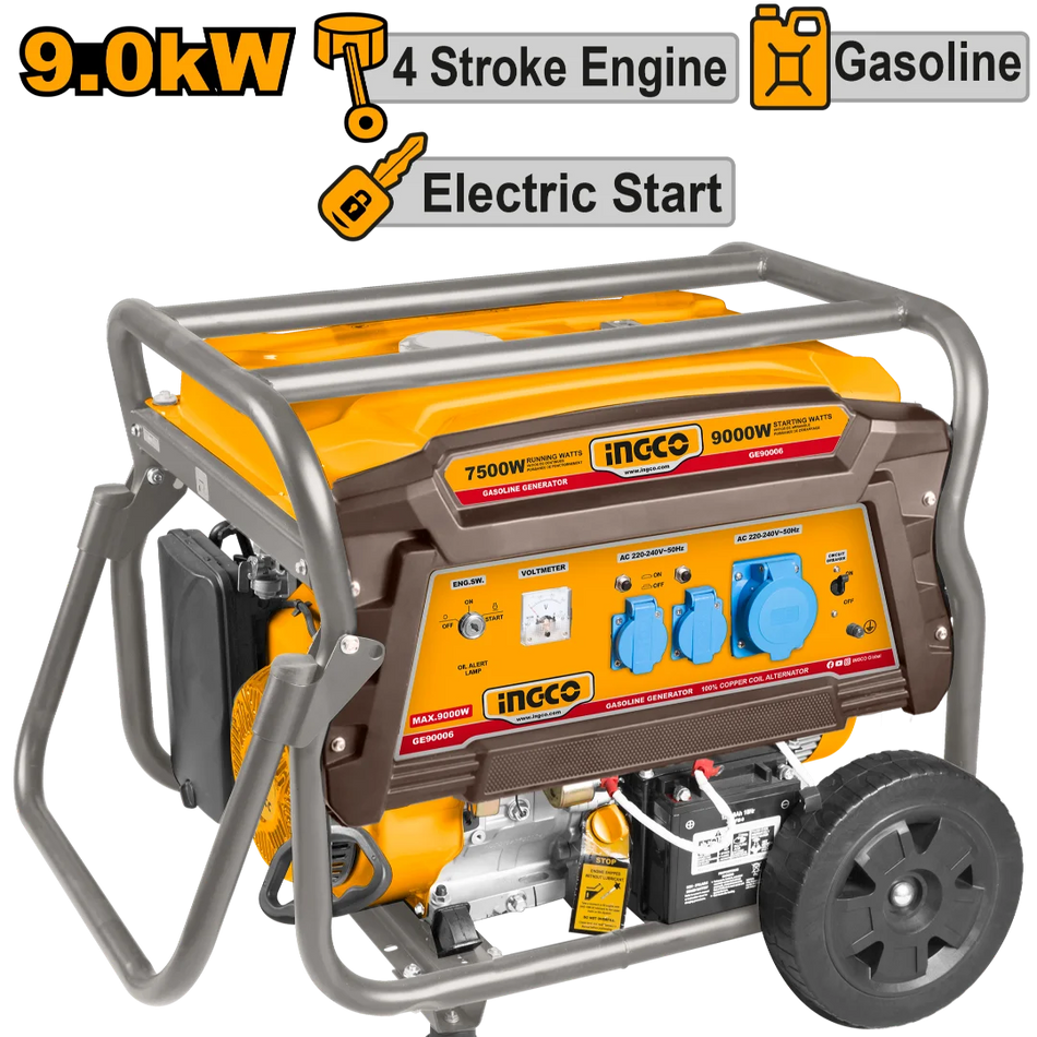 INGCO Gasoline Generator (GE90006) – Heavy-Duty 9.0kW Max / 7.5kW Rated Power Source, 15.0HP (457cc) Engine, Electric Start, 100% Copper Coil, 25L Fuel Tank & Wheel Kit