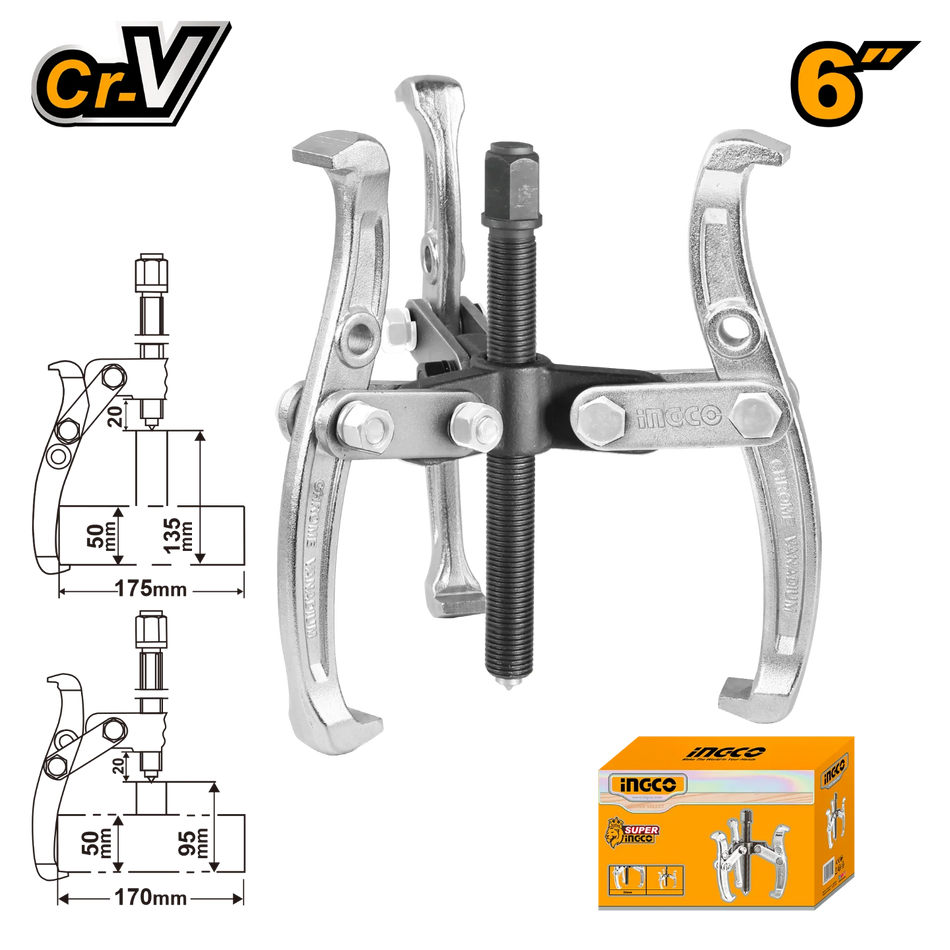 Ingco 6-Inch Professional Industrial 3-Jaw Gear Puller – Heavy-Duty Chrome-Vanadium Steel Bearing Extractor Tool with Reinforced 6,000KG Maximum Force Rating (HGP08036)