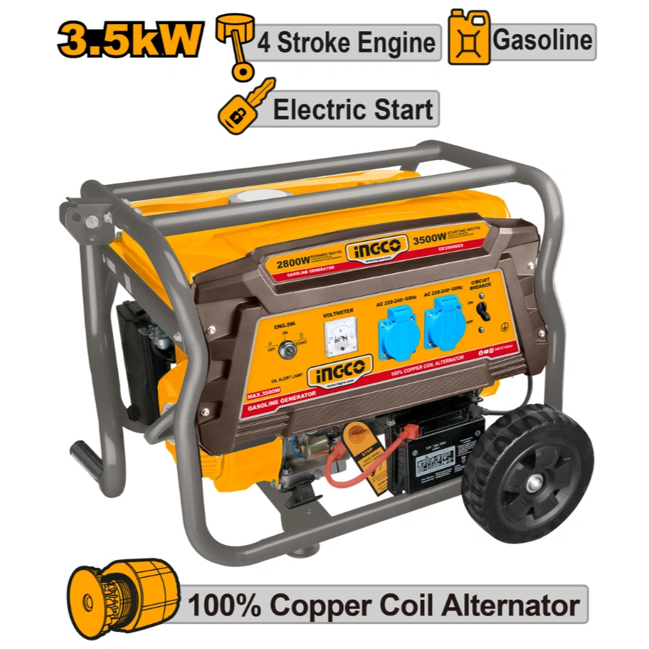 INGCO Gasoline Generator (GE35006ES) – Reliable 3.5kW Max / 2.8kW Rated Power Source, 208cc 4-Stroke OHV Engine, Electric Key & Recoil Start, 100% Copper Coil & 15L Fuel Tank
