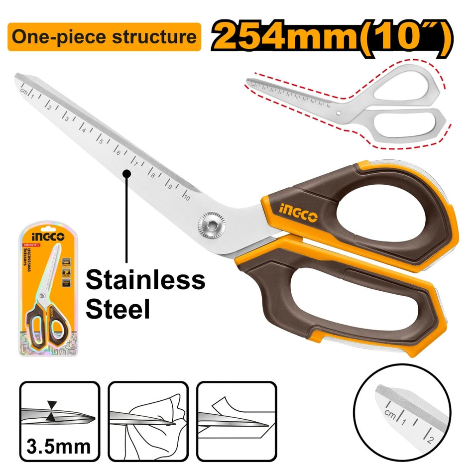 INGCO 10-Inch Heavy-Duty Construction Scissors – Premium 3.5mm Stainless Steel Blades, High-Traction Serrated Edge, and Integrated Laser-Etched Ruler Markings (HSCRS25088)