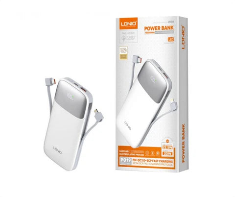 LDNIO PQ19 / PQ20 Multi-Cable Fast Charging Power Bank | 22.5W Super Fast Output | Built-In Type-C & Lightning Cables