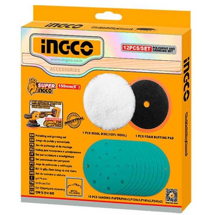 Ingco 12-Piece 150mm (6 Inch) Professional Polishing and Grinding Set - Hook & Loop Wool Disc, Foam Buffing Pad, and Multi-Grit Sanding Paper Kit (APG15012)