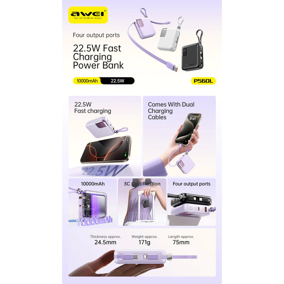 Awei P560L 10,000mAh 22.5W Fast Charging Power Bank with Built-in Cables - Purple