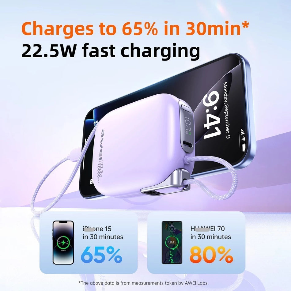 Awei MH135 10,000mAh 22.5W Fast Charging Power Bank - Purple