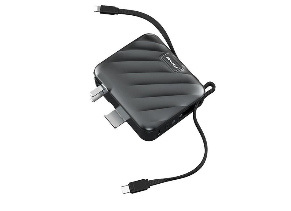 AWEI P83K 15000mAh Power Bank with AC Plug Built-In Type-C + iP Cables Portable Battery Pack