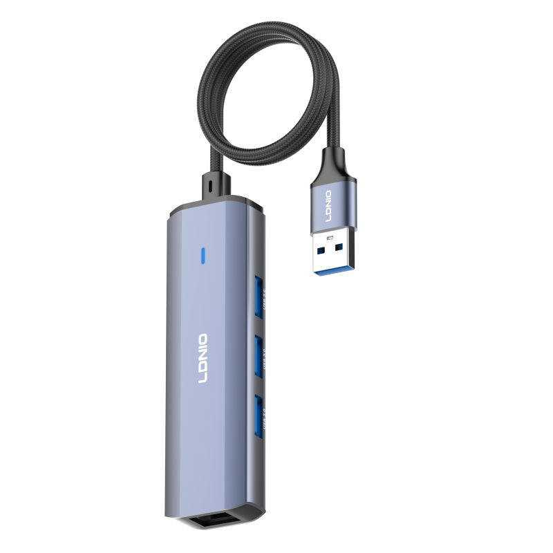 LDNIO DS-124U-1.2M | 4-in-1 USB-A Network Hub (120cm Long Cable) | 3x USB 3.0 + RJ45 Ethernet