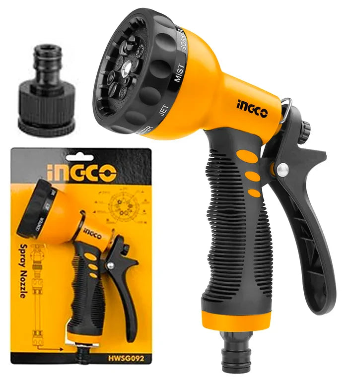Ingco 9-Pattern Plastic Trigger Nozzle - High-Impact Garden Hose Spray Gun with Ergonomic Thumb Flow Control (HWSG092)
