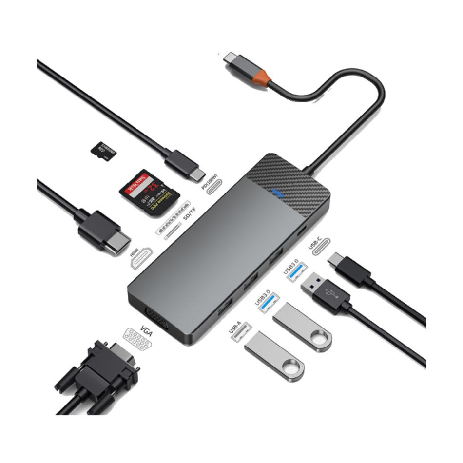 WiWU A921HV Linker 9-in-1 USB-C Hub | Multi-Port Adapter with 4K HDMI, VGA, USB 3.0 & PD Charging