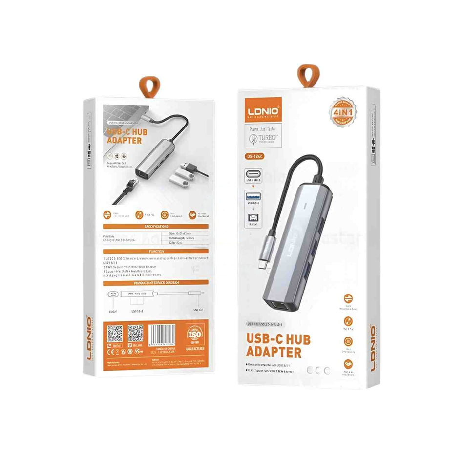 LDNIO DS-124C 4-in-1 Type-C Hub | 5Gbps High-Speed Data Transfer, Three USB 3.0 Ports and RJ45 Ethernet Adapter