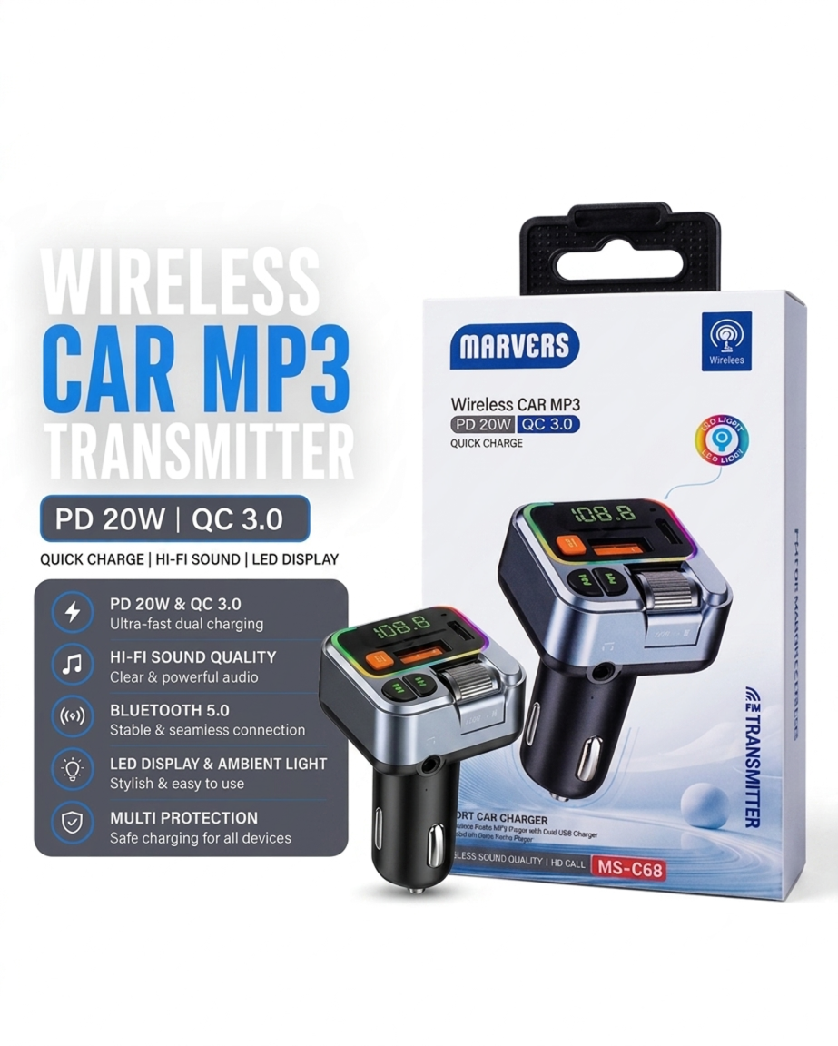 MARVERS WIRELESS CAR MP3 MS-C68 | Bluetooth 5.0 FM Transmitter & PD 20W + QC 3.0 Fast Car Charger