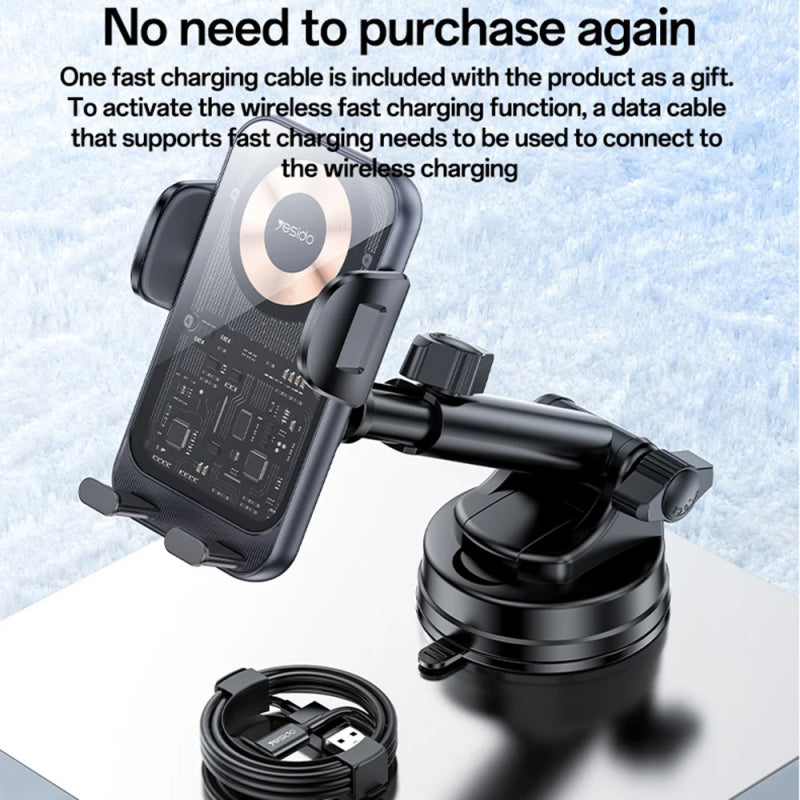 Yesido C307 360 Rotation Electric Locking 15W Wireless Fast Charging Transparent Car Phone Holder Wireless Car Charger, 15W, 1.67A, Black